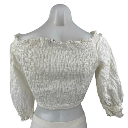 Zara Women's White Smocked Ruffle V Neck Half Sleeve Blouse Crop Top Size S