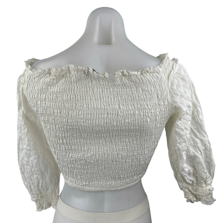 Zara Women's White Smocked Ruffle V Neck Half Sleeve Blouse Crop Top Size S