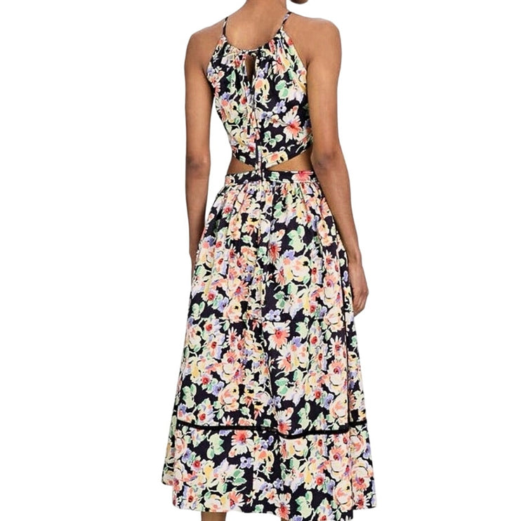 Someting Navy Blue Floral Print Cut Out Halter Cotton Poplin A Line Midi Dress M