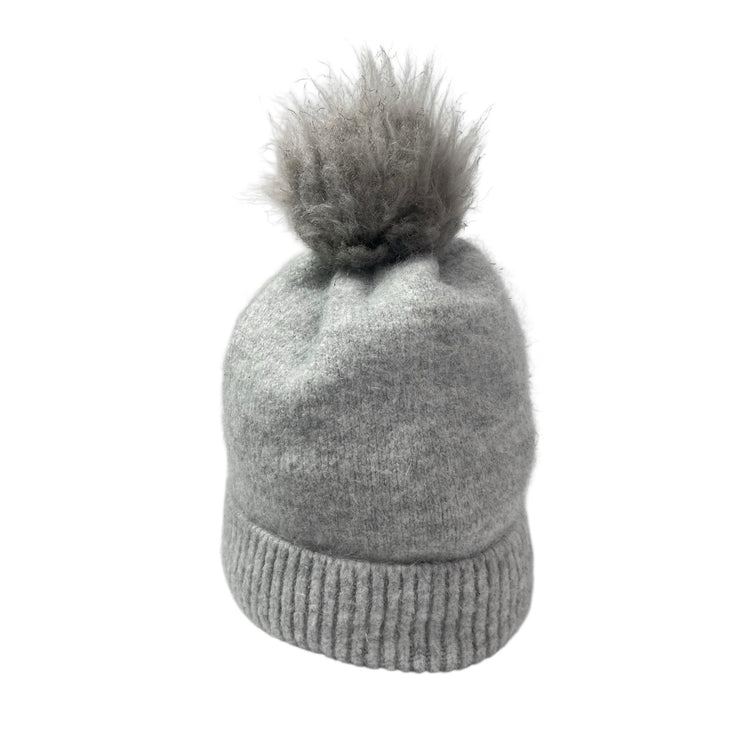 Joy Susan Women's Gray Knit Fleece Lined Ribbed Cuffed Pom Pom Beanie Hat OS