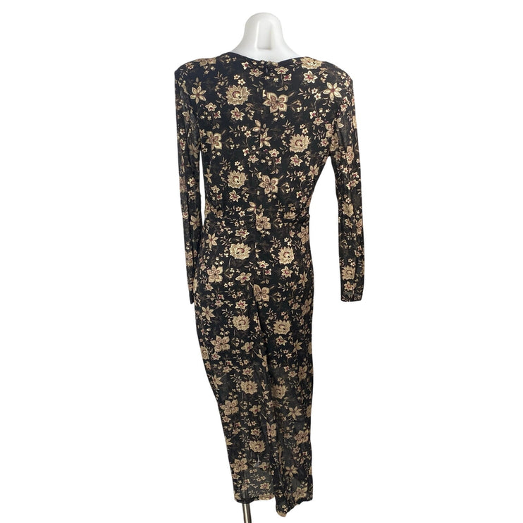 Dress Forum Black Beige Floral Long Sleeve Faux Wrap Surplice Midi Dress Size L