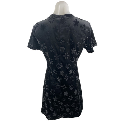 Possessed Black Floral Velvet Jacquard Short Sleeve Crewneck A Line Mini Dress S