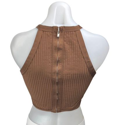 Missguided Brown Rib Knit Sleeveless Racerback Zippper Corset Crop Tank Top Sz 4