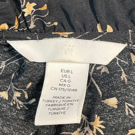 H&M Women Black Floral Ruffle V Neck Pleated Long Sleeve Mini Swing Dress Size L