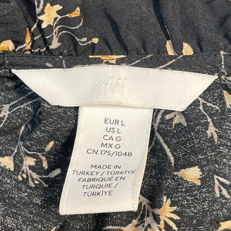 H&M Women Black Floral Ruffle V Neck Pleated Long Sleeve Mini Swing Dress Size L
