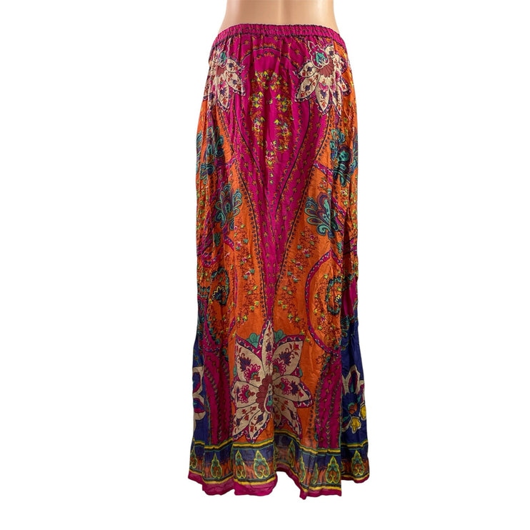Soft Surroundings Marguerite Orange Pink Paisley Tassel Boho A-Line Maxi Skirt M