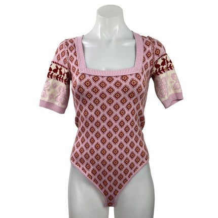 Free People Snow Bunny Pink Short Sleeve Square Neck Knit Bodysuit Top Size XS