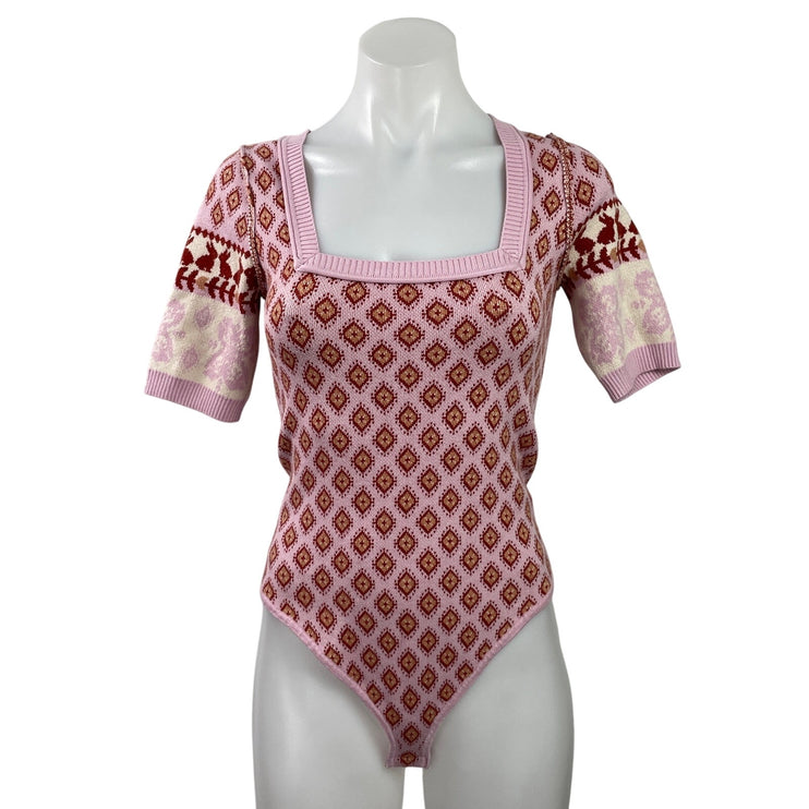 Free People Snow Bunny Pink Short Sleeve Square Neck Knit Bodysuit Top Size XS