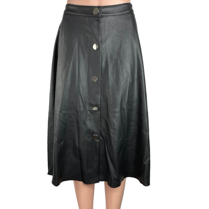 ZARA Women's Black Faux Leather Button Up Flared Calf Length A-Line Skirt Size S