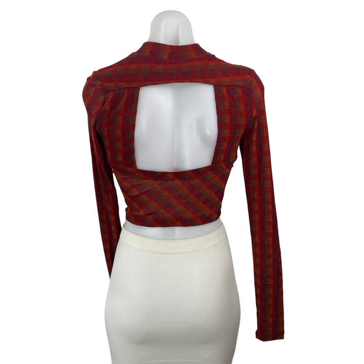 Urban Outfitters Red Plaid Mock Neck Long Sleeve Open Back Cropped Blouse Sz S