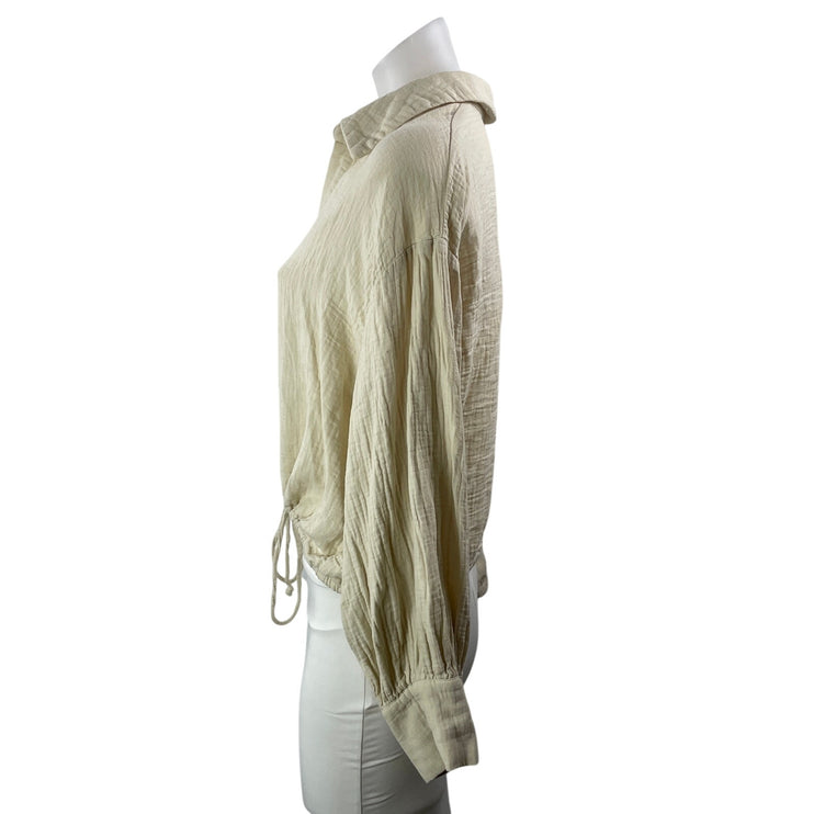 Drew Women's Beige Long Sleeve Tie Hem Cotton Button Down Shirt Top Size M