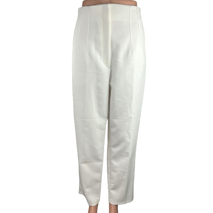 Zara Womens White High Waist Straight Leg Pleated Career Trousers Dress Pants XL