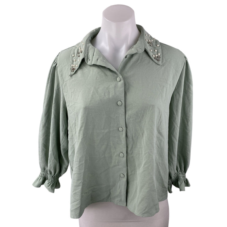 Zara Women's Green Beaded Pearl Balloon Half Sleeve Button Up Shirt Top Size M