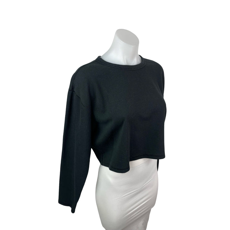 Aritzia Sunday Best Black Waffle Knit Thermal Long Sleeve Crop Sweater Top Sz M
