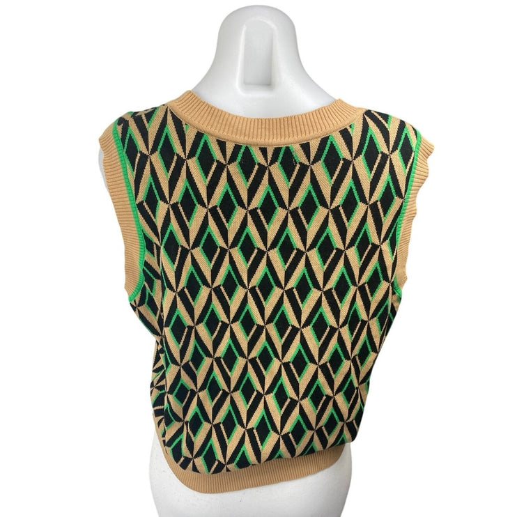Costes Retro Jacquared Spencer Multicolor Sleeveless Sweater Vest Tank Top XXL