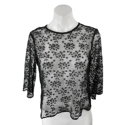Zara Women's Black Floral Mesh Sheer Half Sleeve Pullover Blouse Top Size XS