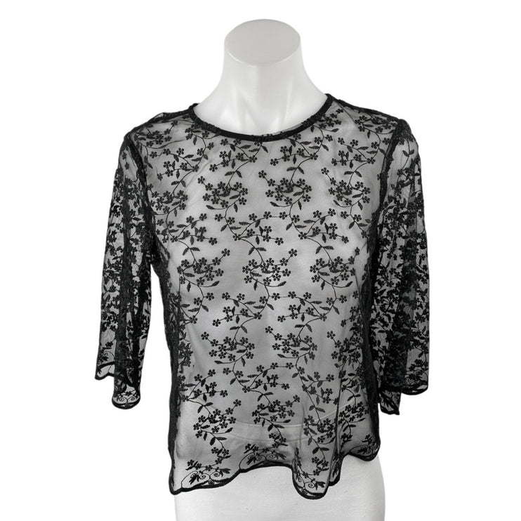 Zara Women's Black Floral Mesh Sheer Half Sleeve Pullover Blouse Top Size XS