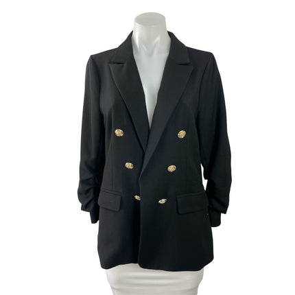 Skies Are Blue Blue Black Double Breasted Ruched Sleeve Blazer Coat Jacket Sz M