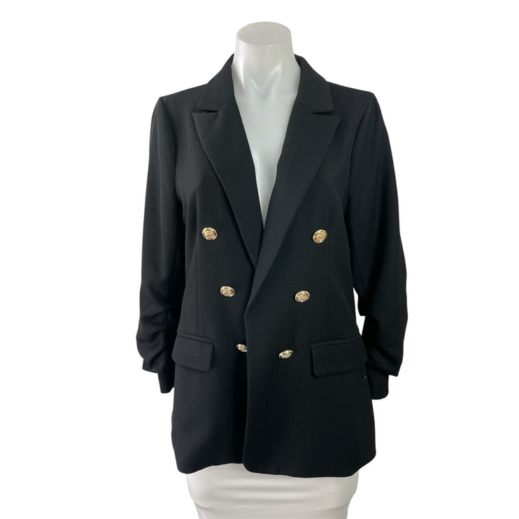 Skies Are Blue Blue Black Double Breasted Ruched Sleeve Blazer Coat Jacket Sz M