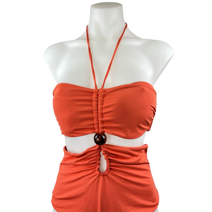 Zara Coral Sleeveless Halter Cutout Bandeau Ornament One Piece Swimsuit Size S