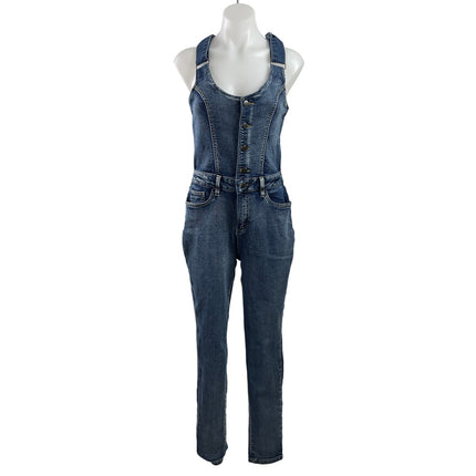 Venus Blue Medium Wash Button Scoop Neck Denim Jean Skinny Overall Jumpsuit 10