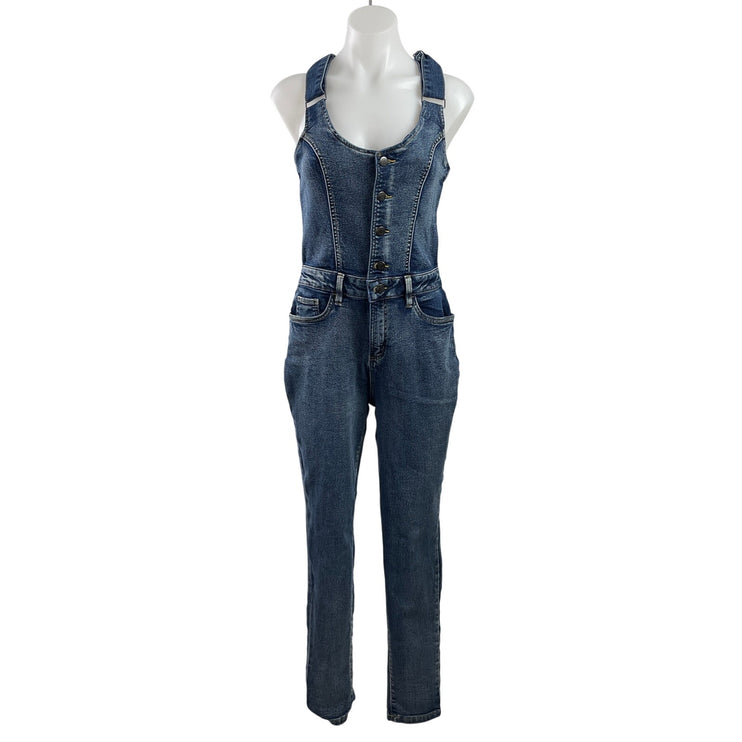 Venus Blue Medium Wash Button Scoop Neck Denim Jean Skinny Overall Jumpsuit 10