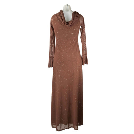 Women's Brown Splatter Long Bell Sleeve Mesh Cowl Evening Gown Maxi Dress Size L