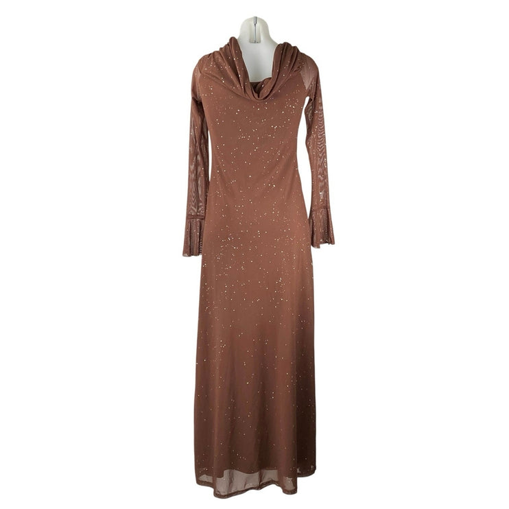 Women's Brown Splatter Long Bell Sleeve Mesh Cowl Evening Gown Maxi Dress Size L