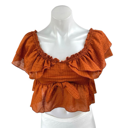 Zara Brown Off The Shoulder Short Sleeve Ruffle Plaid Peplum Crop Top Size S