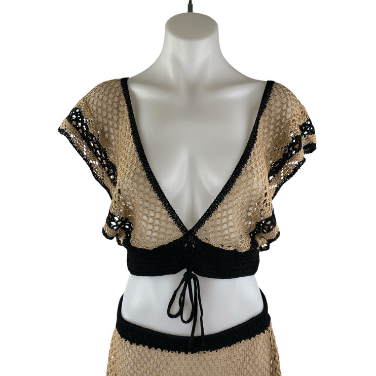 Beige Black Open Knit Sheer Fishnet V Neck Tie Crop Skirt Beach Cover Up Set L