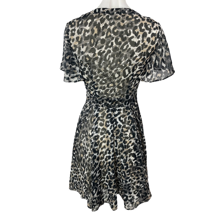 Guess Felicia Leopard Animal Print Short Flutter Sleeve Mini A-Line Dress Sz XS