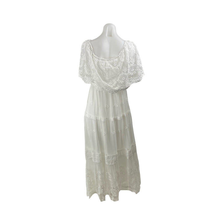Womens White Embroidered Sheer Mesh Tiered Half Sleeve A Line Maxi Dress Size S