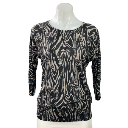 DKNY Women's Black Swirl Animal Print 3/4 Sleeve Round Neck Knit Top Size XS