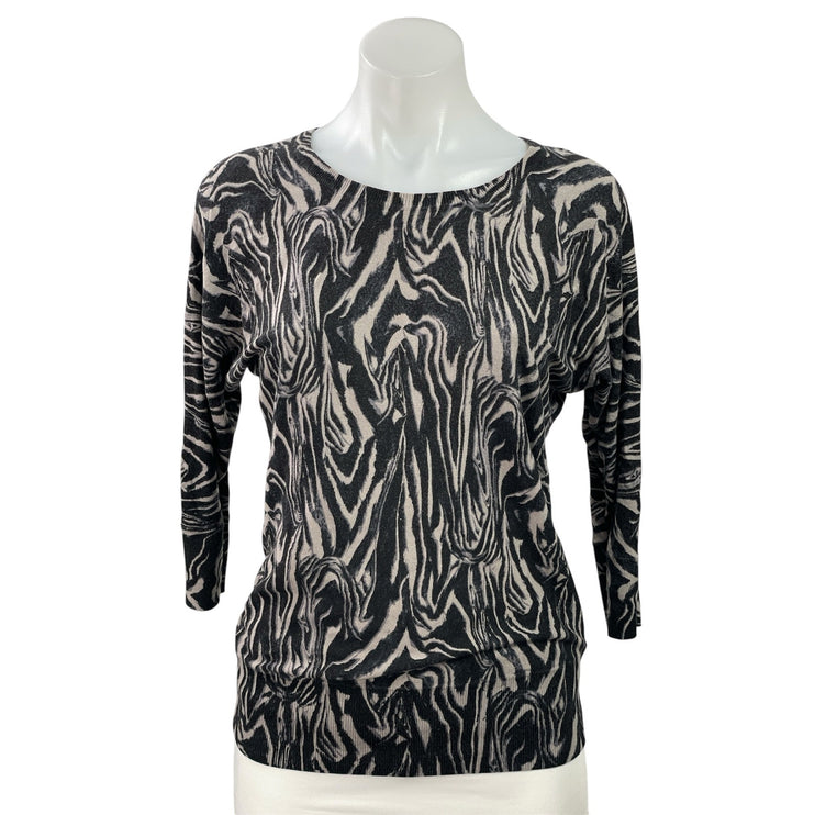 DKNY Women's Black Swirl Animal Print 3/4 Sleeve Round Neck Knit Top Size XS