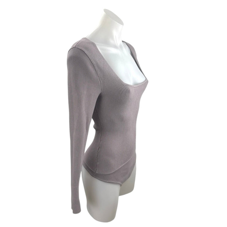 Abercrombie & Fitch Purple Ribbed Knit Square Neck Long Sleeve Bodysuit Top S