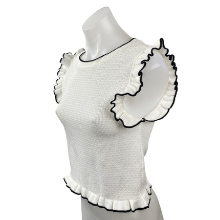 Zara Women's White Black Ruffle Sleeve Knit Round Neck Sweater Blouse Top Size S