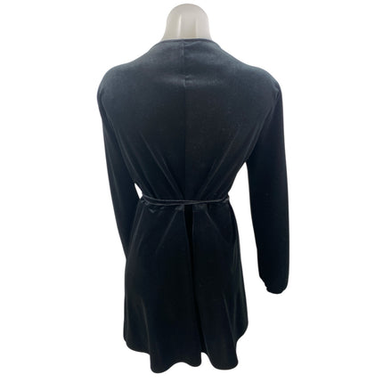 Zara Woman Black Velvet Velour Long Sleeve Tie Belt V-neck Mini Wrap Dress Sz L