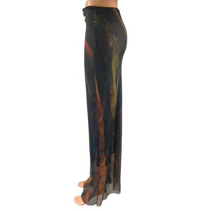 Women's Black Multicolor Abstract Paint Mesh High Waisted Maxi Skirt Size S
