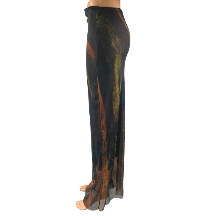 Women's Black Multicolor Abstract Paint Mesh High Waisted Maxi Skirt Size S