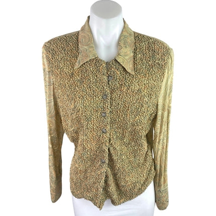 Francess Erita Gold Tan Textured Paisley Long Sleeve Button Up Shirt Top Size 12