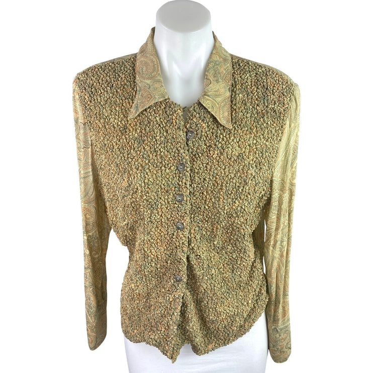 Francess Erita Gold Tan Textured Paisley Long Sleeve Button Up Shirt Top Size 12