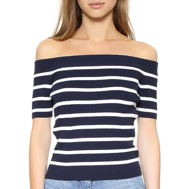 Sunday Stevens Navy Blue White Off The Shoulder Striped Knit Sweater Top Size L