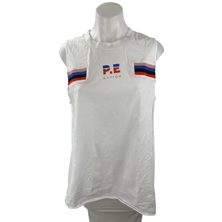 P.E Nation Women's White Striped Logo Sleeveless Athletic Muscle Tee Tank Top L