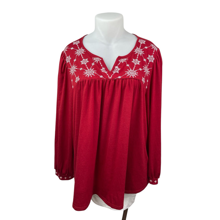 Bloomchic Women's Red Embroidered Snowflake Long Sleeve Shirt Blouse Top 22/24