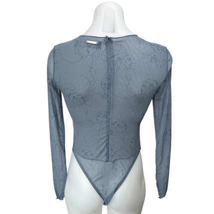 Maniere De Voir Women's Blue Face Sheer Mesh Long Sleeve Bodysuit Top Size 10