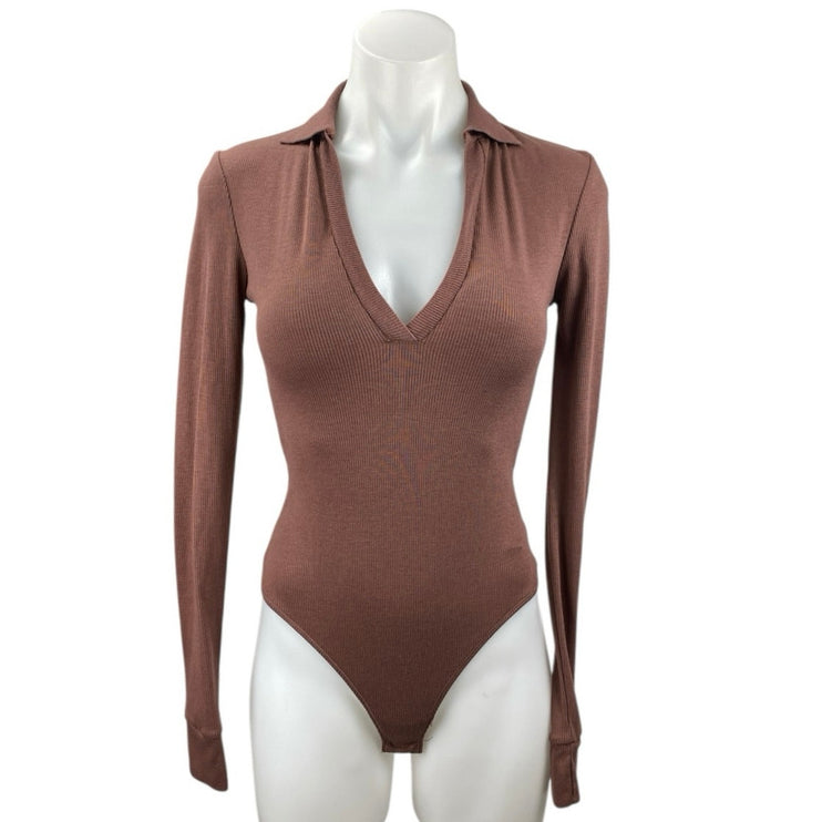 Free People Do It Right Women's Brown Collared V Neck Long Sleeve Bodysuit Top S
