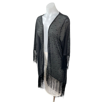 Rain Patterned Black Fringe Tassel Batwing Sleeve Poncho Shawl Cardigan Top Sz M