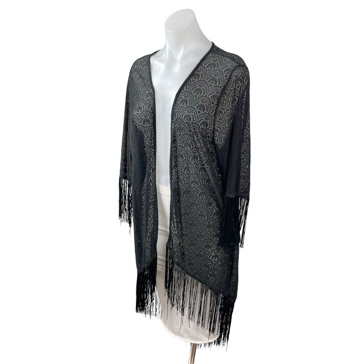 Rain Patterned Black Fringe Tassel Batwing Sleeve Poncho Shawl Cardigan Top Sz M