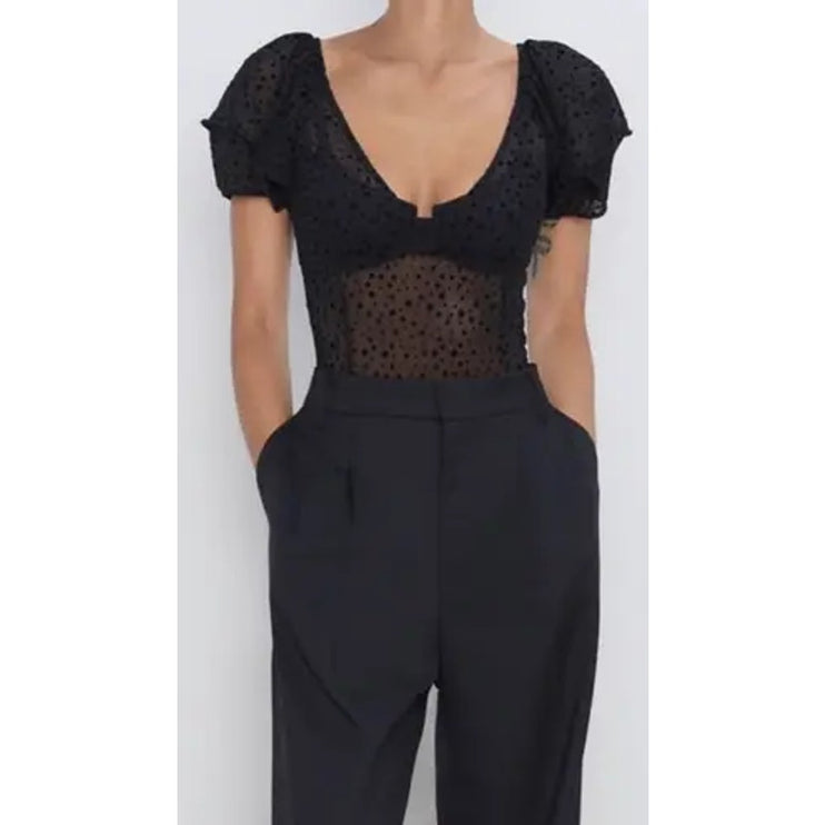 Zara Black Mesh Sheer Short Puff Sleeve Polka Dots Blouse Bodysuit Top Size M