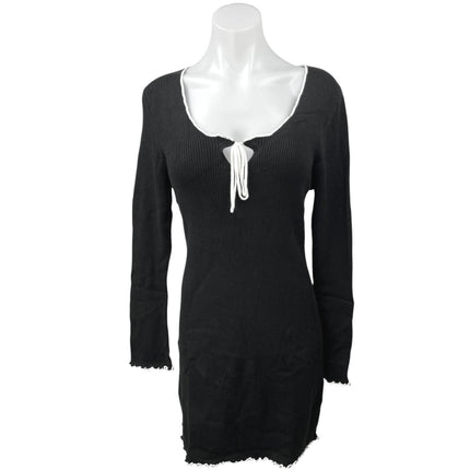Miss Selfridge Black Ribbed Knit Scoop Long Sleeve Mini Bodycon Sweater Dress 14
